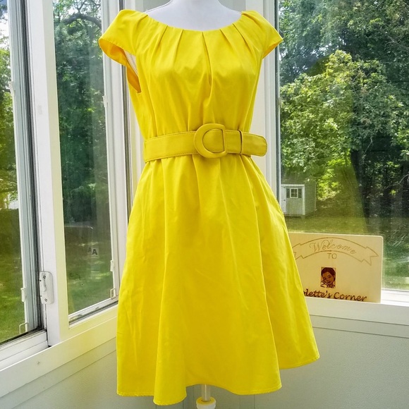 Spense Dresses & Skirts - Belted Yellow Cap Sleeve A-Line Cotton Drees